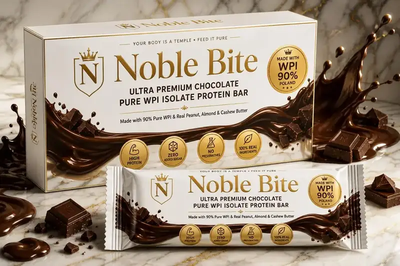 Noble Bite Ultra Premium Chocolate Pure WPI Isolate Protein Bar pack and box